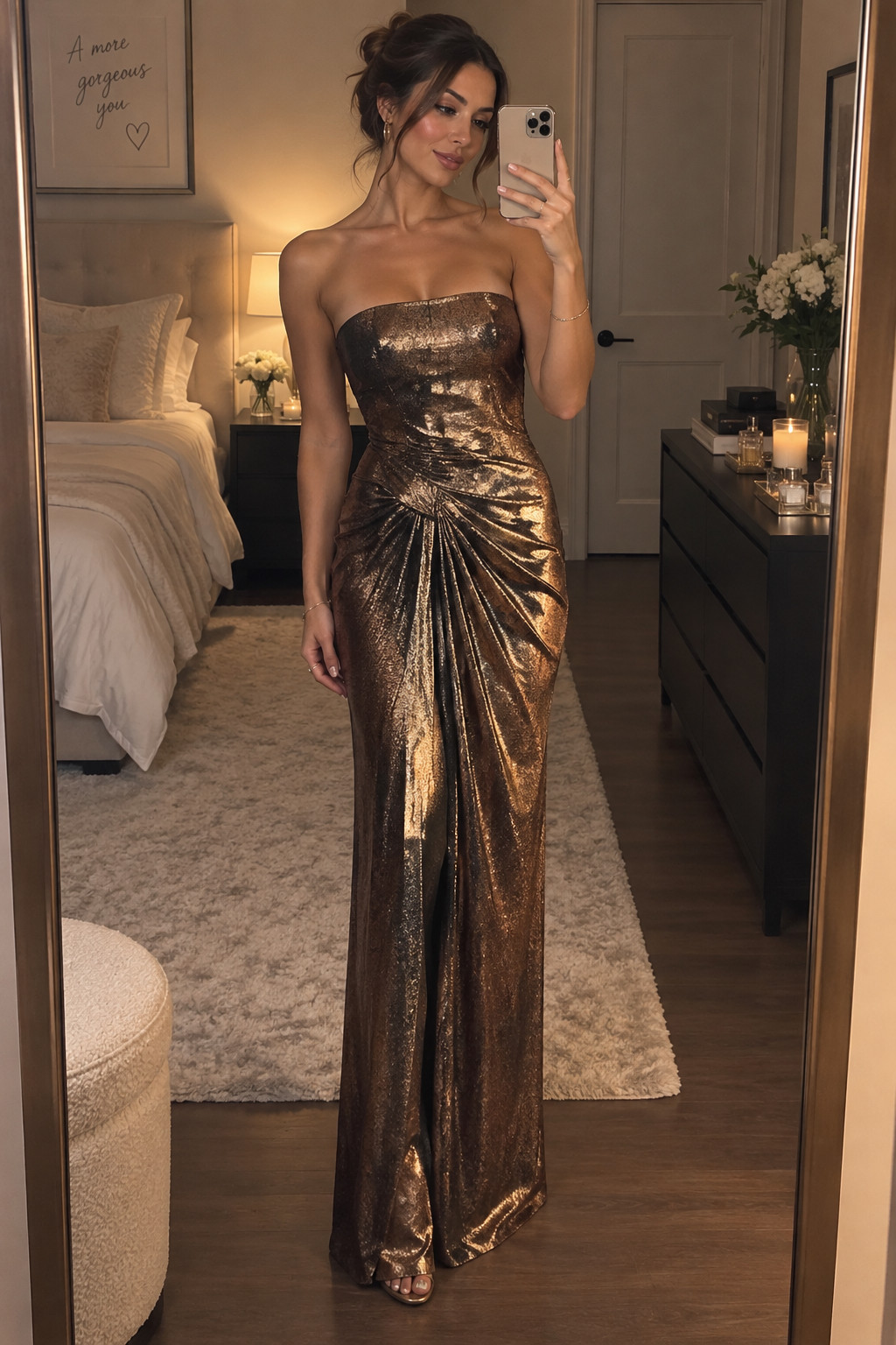This bronze metallic gown was basically made for fall wedding season. The warm bronze color, strapless neckline, and gathered waist detail are so flattering and look incredible for an evening event. One of my favorite black tie wedding guest dresses if you want something glam but still seasonal.
#BronzeDress #MetallicDress #FallWeddingGuestDresses #BlackTieWeddingGuestDresses #FormalWeddingGuestDresses #WeddingGuestOutfit #FallFormalDress #MESHKI 

 #LTKSeasonal #LTKSaleAlert #LTKWedding