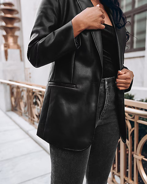 Faux Leather Peak Lapel One Button Boyfriend Blazer | Express