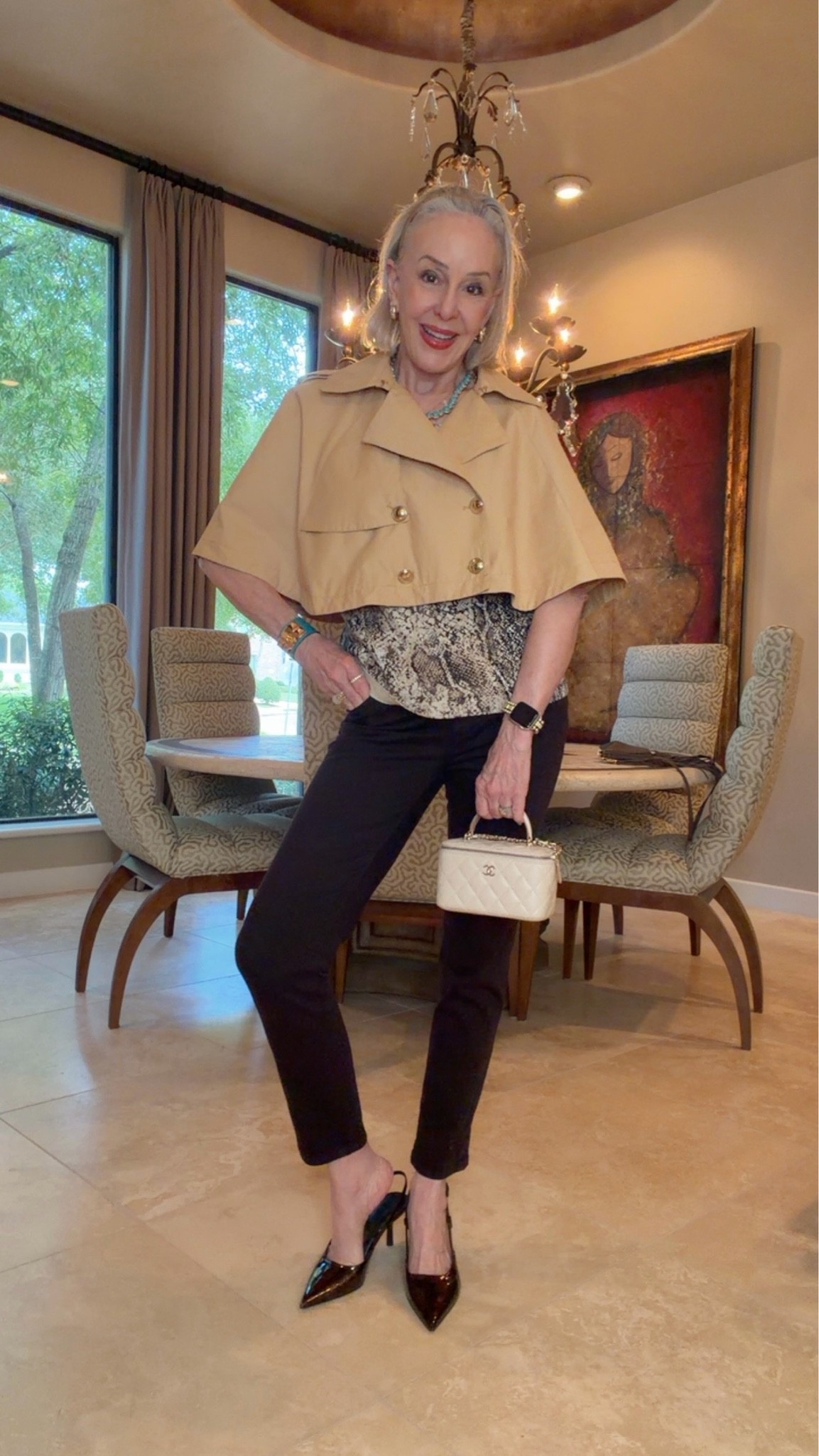 Trending big this fall is the cape trench, and short trench coat and python prints. The knit python print tank is perfect for layering over brown jeans or dress. 
Sling back shoes are my new favs and affordable

#LTKOver40 #LTKWorkwear #LTKSaleAlert
