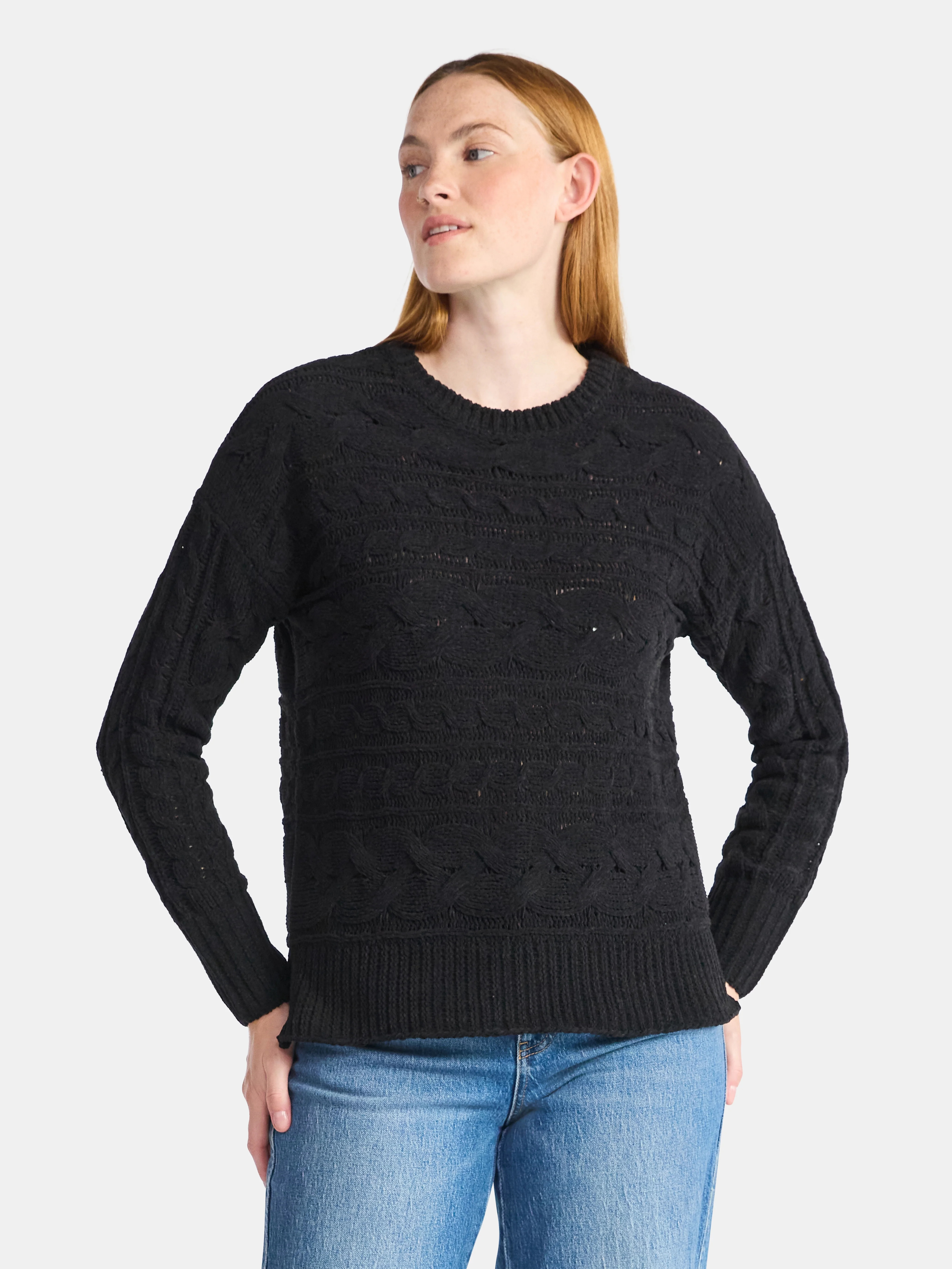 Time and Tru Women's Chenille Cable Knit Crewneck Sweater, Midweight, Sizes XS-XXXL | Walmart (US)