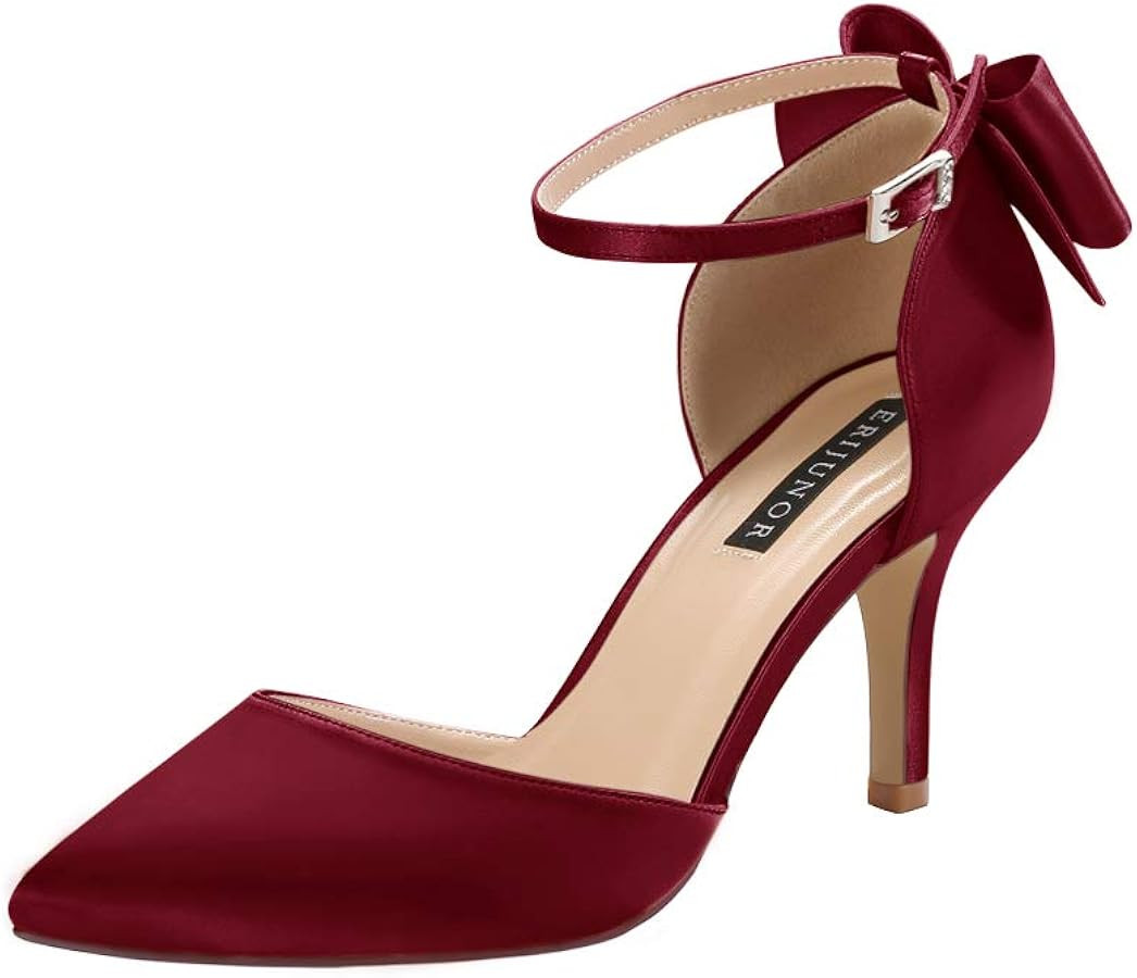 ERIJUNOR Wedding Evening Party Shoes Comfortable Mid Heels Pumps with Bow Knot Ankle Strap Wide W... | Amazon (US)