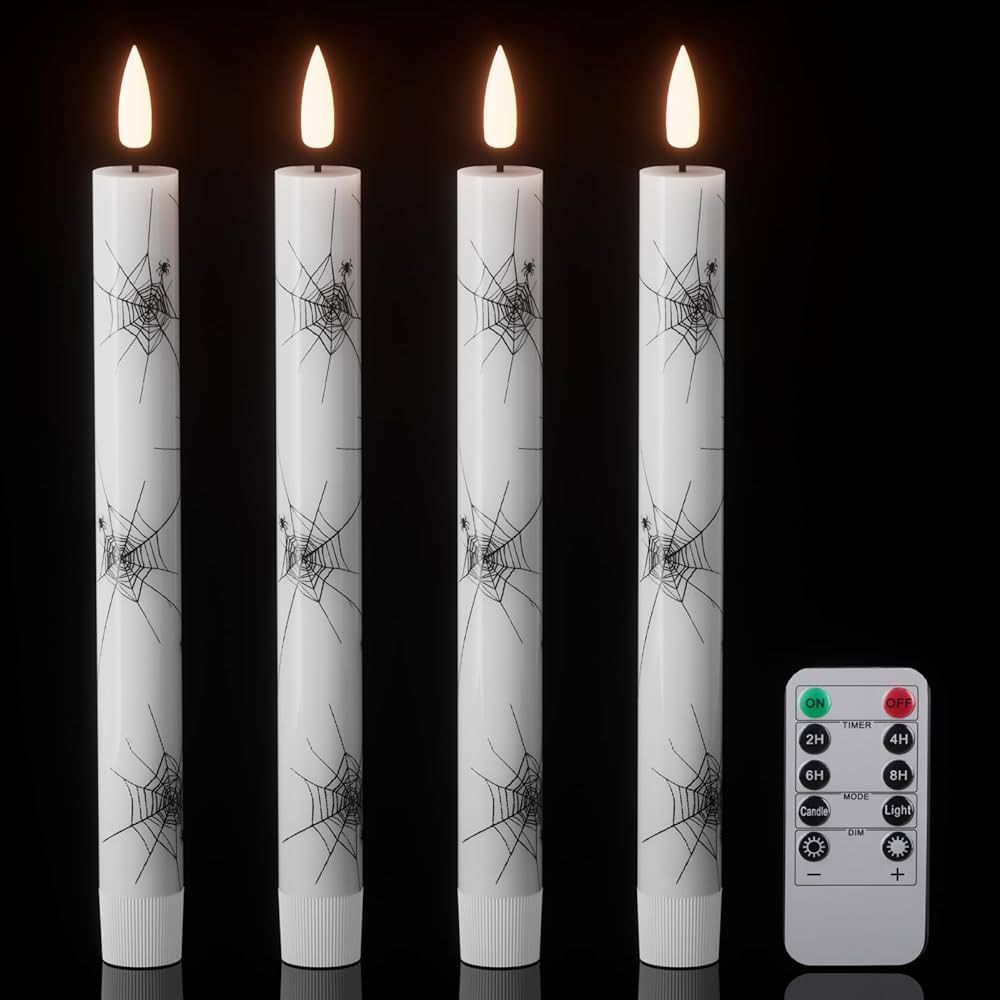 Wondise Halloween Flameless Taper Candles with Remote & Timer, 4 Pack Spider Web Halloween Candle... | Amazon (US)