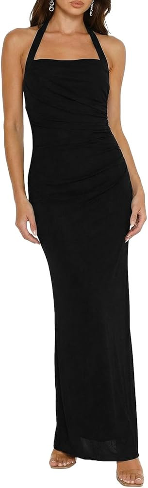 Women's Sleeveless Bodycon Dress Halter Backless Ruched Cocktail Party Evening Long Dresses | Amazon (US)