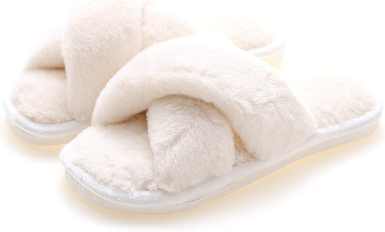 CRAZY LADY Women's Fuzzy Fluffy Furry Fur Slippers Flip Flop Open Toe Cozy House Memory Foam Sand... | Amazon (US)