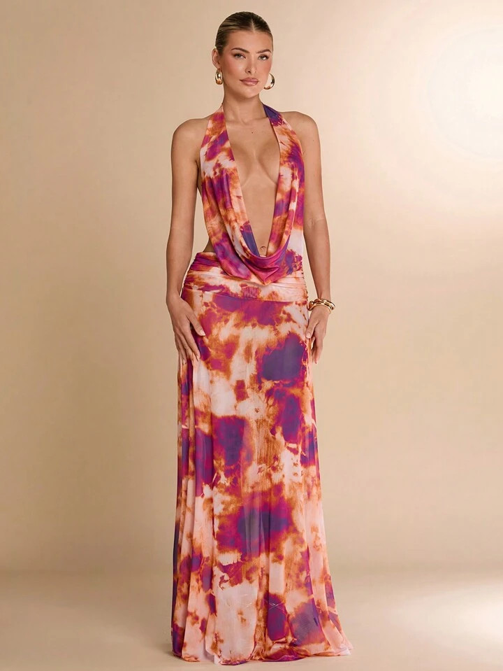 SHEIN BAE Women's Tie-Dye Print Plunging V-Neck Backless Dress With Strap Details, Summer | SHEIN