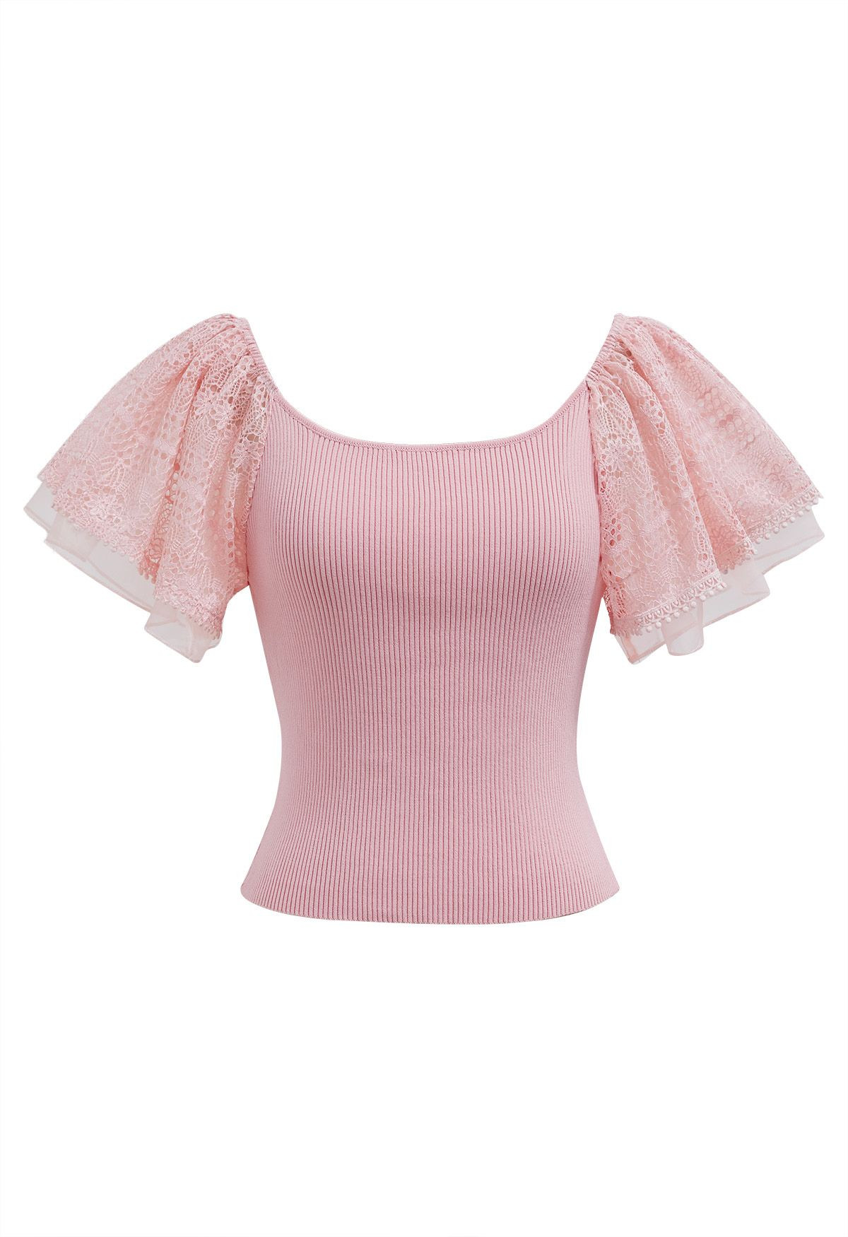 Cutwork Lace Flutter Sleeves Spliced Knit Top in Pink | Chicwish