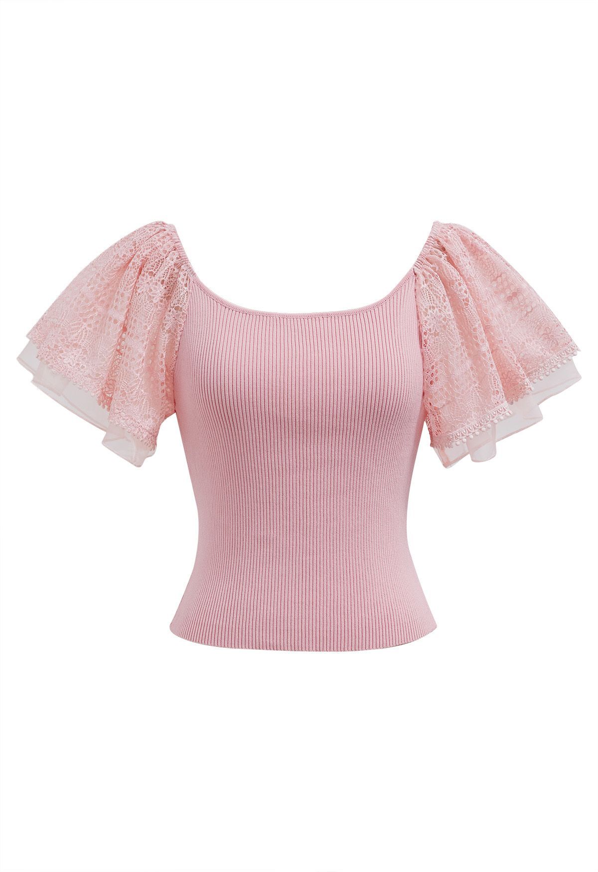 Cutwork Lace Flutter Sleeves Spliced Knit Top in Pink | Chicwish