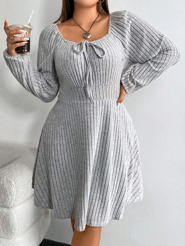 Flirla Plus Knot Front Lantern Sleeve Dress Fall Cloth For Women | SHEIN