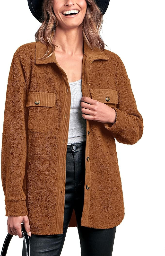 BTFBM Women's 2023 Fall Winter Button Down Shirts Sherpa Jacket Warm Long Sleeve Outerwear Faux F... | Amazon (US)