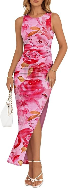 Trendy Queen Bodycon Maxi Dress Womens Sleeveless Floral Print Fitted Party Club Ruched Dresses w... | Amazon (US)