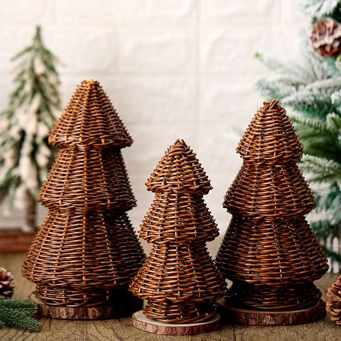 3 Pcs Morden Christmas Decor Woven Christmas Cone Tree Neutral Rattan Xmas Tabletop Centerpiece O... | Amazon (US)