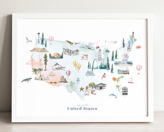 USA Map Art Print, United States wall art, nursery decor, nursery art, kids room, world map poste... | Etsy (US)