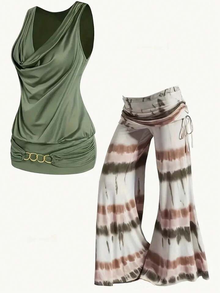 SHEIN VCAY Chain Decoration Sleeveless Drape Collar Tie Dye Printed Flared Pants Two Piece Set | SHEIN