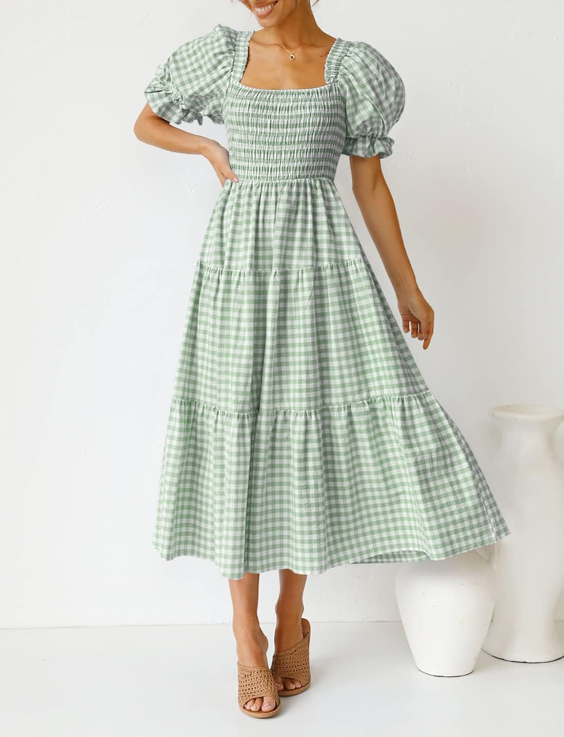 ZESICA Women's 2023 Bohemian Summer Plaid Square Neck Puff Sleeve Ruffle Flowy Beach Midi Dress | Amazon (US)