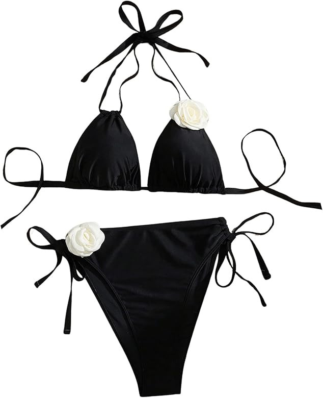 Floerns Women's Plus Size Appliques Swimsuits Tie Back Halter Tops Thong Bikini Sets | Amazon (US)