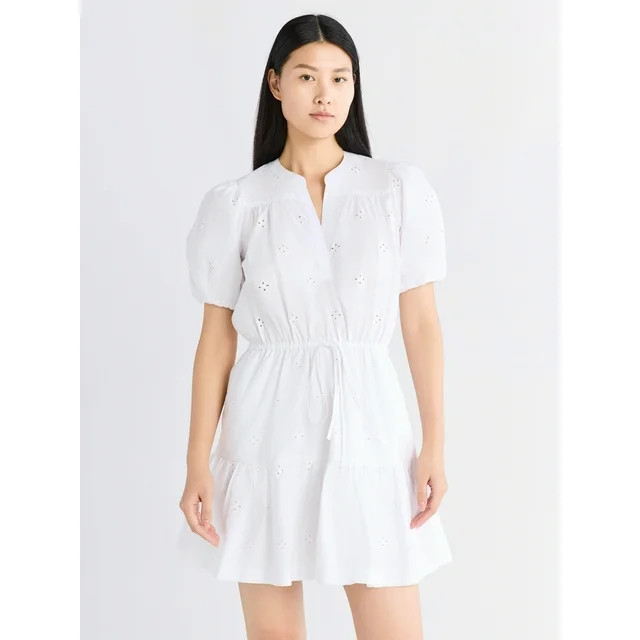 Free Assembly Women's and Women's Plus Cotton Eyelet Tiered Mini Dress with Puff Sleeves, Sizes X... | Walmart (US)