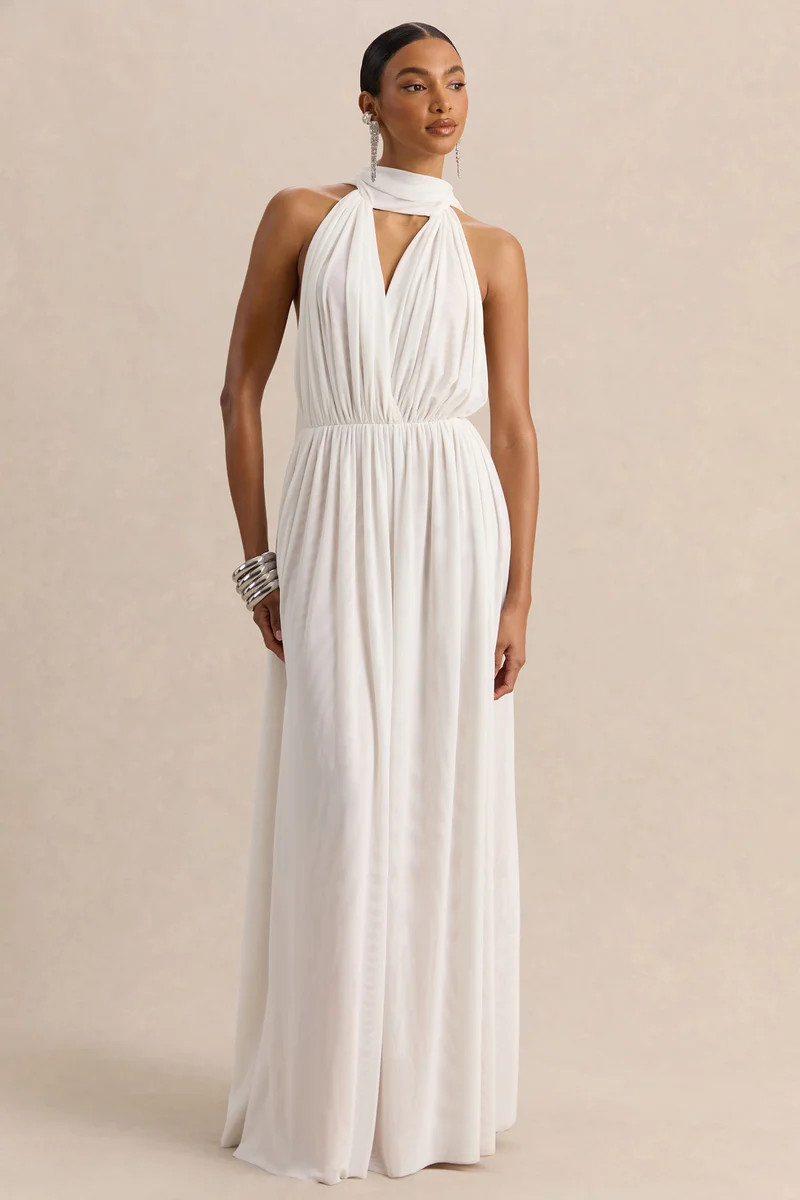 Rylina  White Mesh Halter-Neck Maxi Dress With Scarf And Open-Back | Club L London