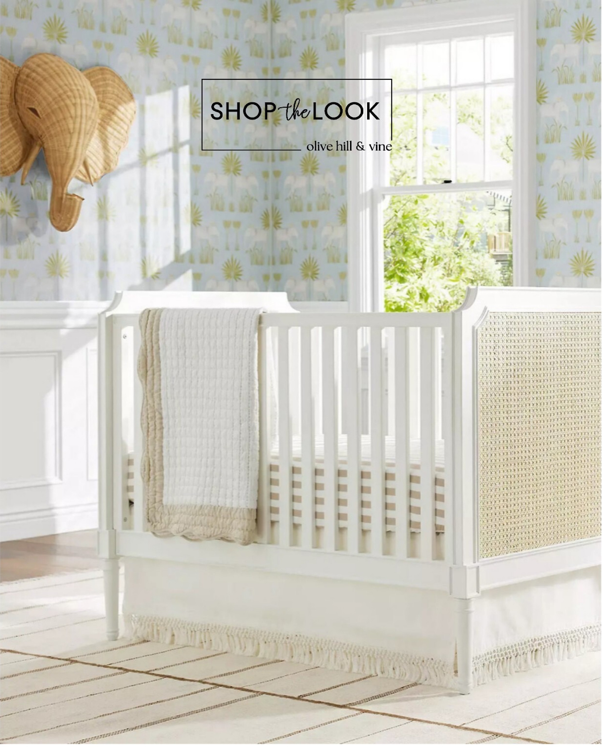 Design a charming nursery with a convertible crib featuring elegant cane details, a whimsical wicker elephant head wall feature, and a soothing beige color palette complemented by delicate blue and green wallpaper, providing a tranquil and delightful space for your baby. 

#LTKbaby #LTKbump #LTKhome