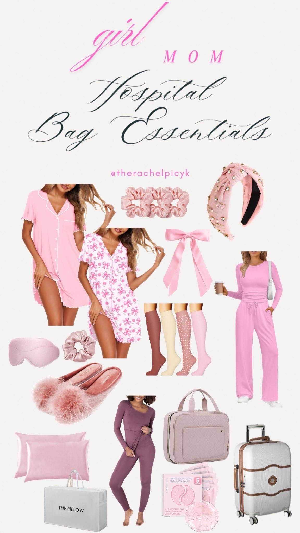 Hospital Bag Essentials: Girl Mom Edition 🩷🎀🤍

• Loose button-down nightgowns 
• Slippers
• Compression socks 
• Silk eye mask for better sleep
• Pink gel eye patches 
• Silk pillow cases + travel bag
• Toiletry bag 
• Headband, silk hair tie scrunchies, silk bows
• Loungewear for hospital/going home & home visitors 
• My fav carry-on luggage for transporting everything 

& some more finds — like, extra long chargers, belly binders, disposable underwear, nursing bras, etc.! 

#LTKmomlife #LTKBump #LTKselfcare