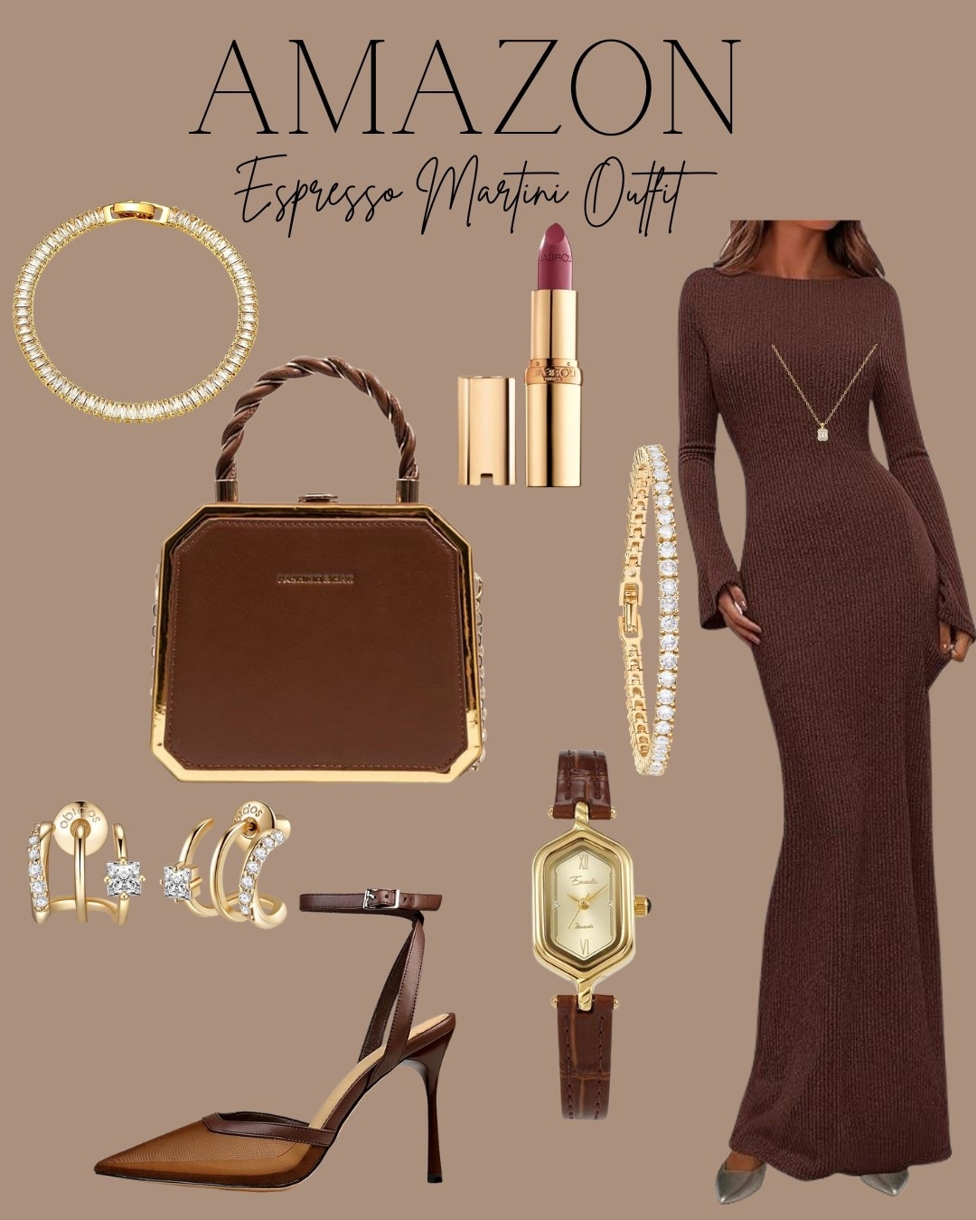 Amazon looks for les: espresso martini edition 


Brown dress 
Purse 
Women’s watch 
Bracelet 
Necklace 
Heels 
Lipstick 
Nail polish 
Holiday outfit 

#LTKHoliday #LTKFindsUnder100 #LTKWedding