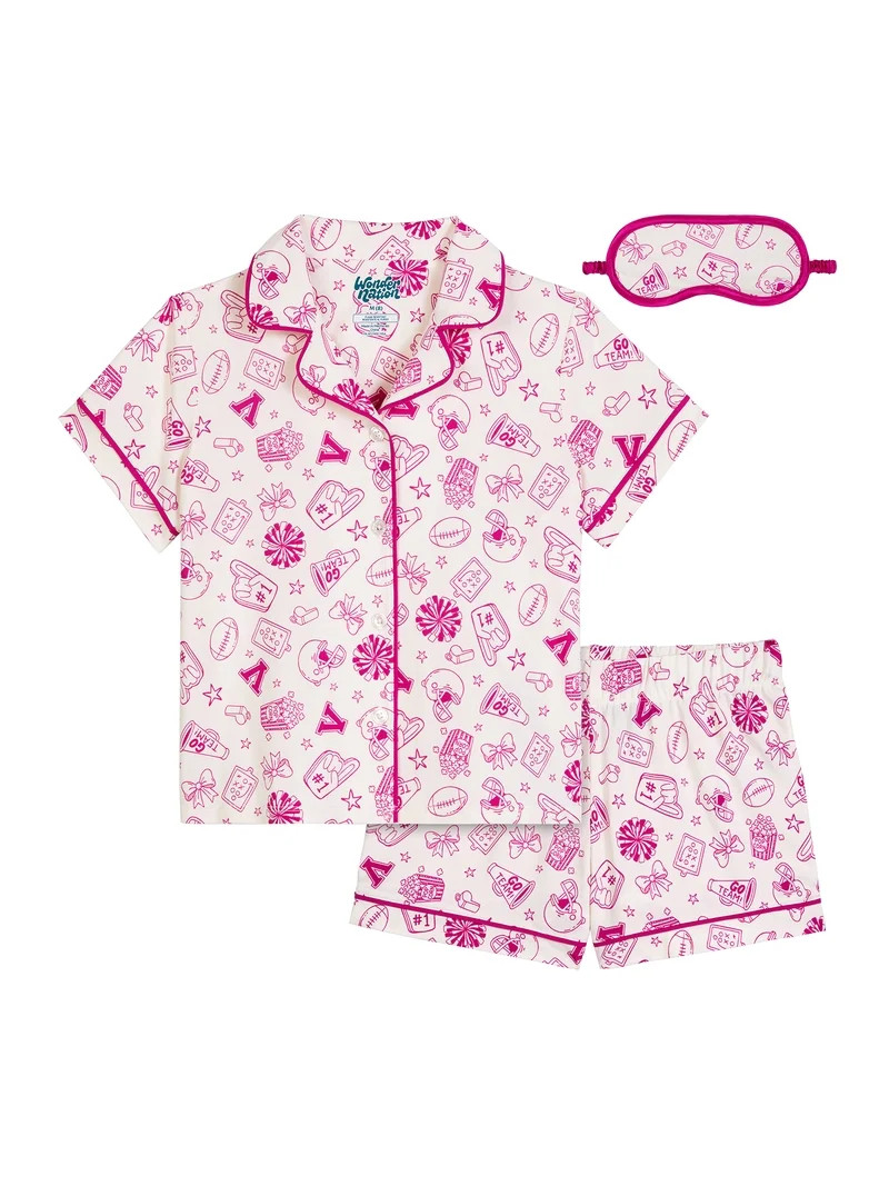 Wonder Nation Girls Short Sleeve Button Front Pajama Top and Shorts Set with Eyemask, 3-Piece, Si... | Walmart (US)