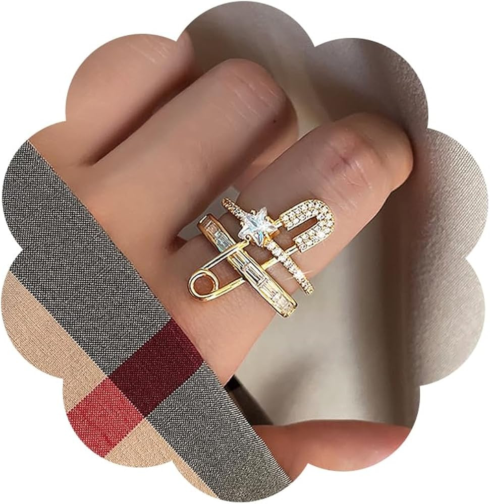 Paper Clip Rings for Women Adjustable Rhinestone Safety Pin Double Layer Rings Shine Star Crystal... | Amazon (US)