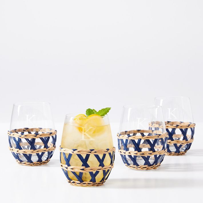 Raffia Wrapped Stemless Wine Glasses Glass, Set of 4 | Mark and Graham