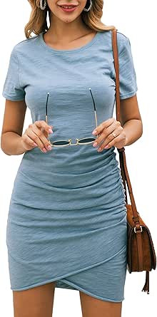 BTFBM Women's 2021 Casual Crew Neck Short Sleeve Ruched Stretchy Bodycon T Shirt Short Mini Dress | Amazon (US)