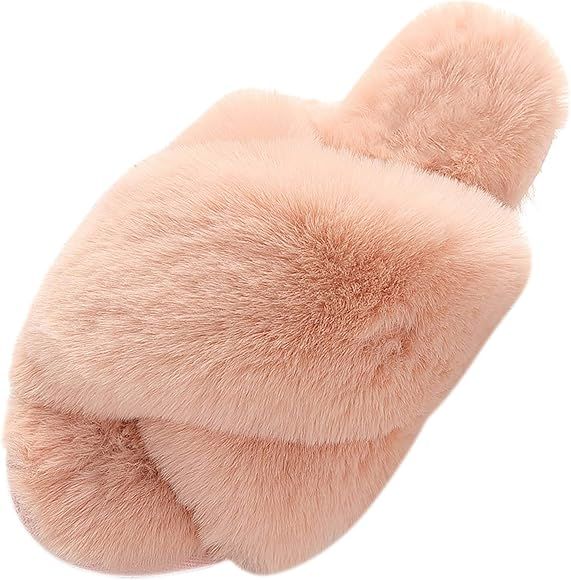 Slippers for Women, Cross Band Plush Fleece Anti-Skid Memory Foam Slip On Fuzzy Slides for Indoor... | Amazon (US)