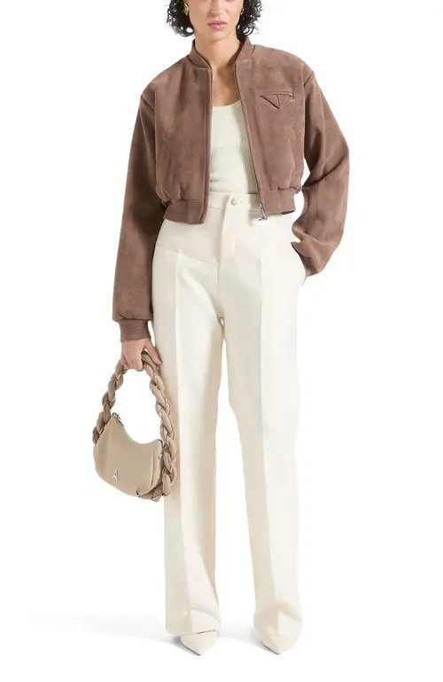 Manière De Voir Monique Suede Wide Shoulder Bomber Jacket in Taupe at Nordstrom, Size 0 | Nordstrom