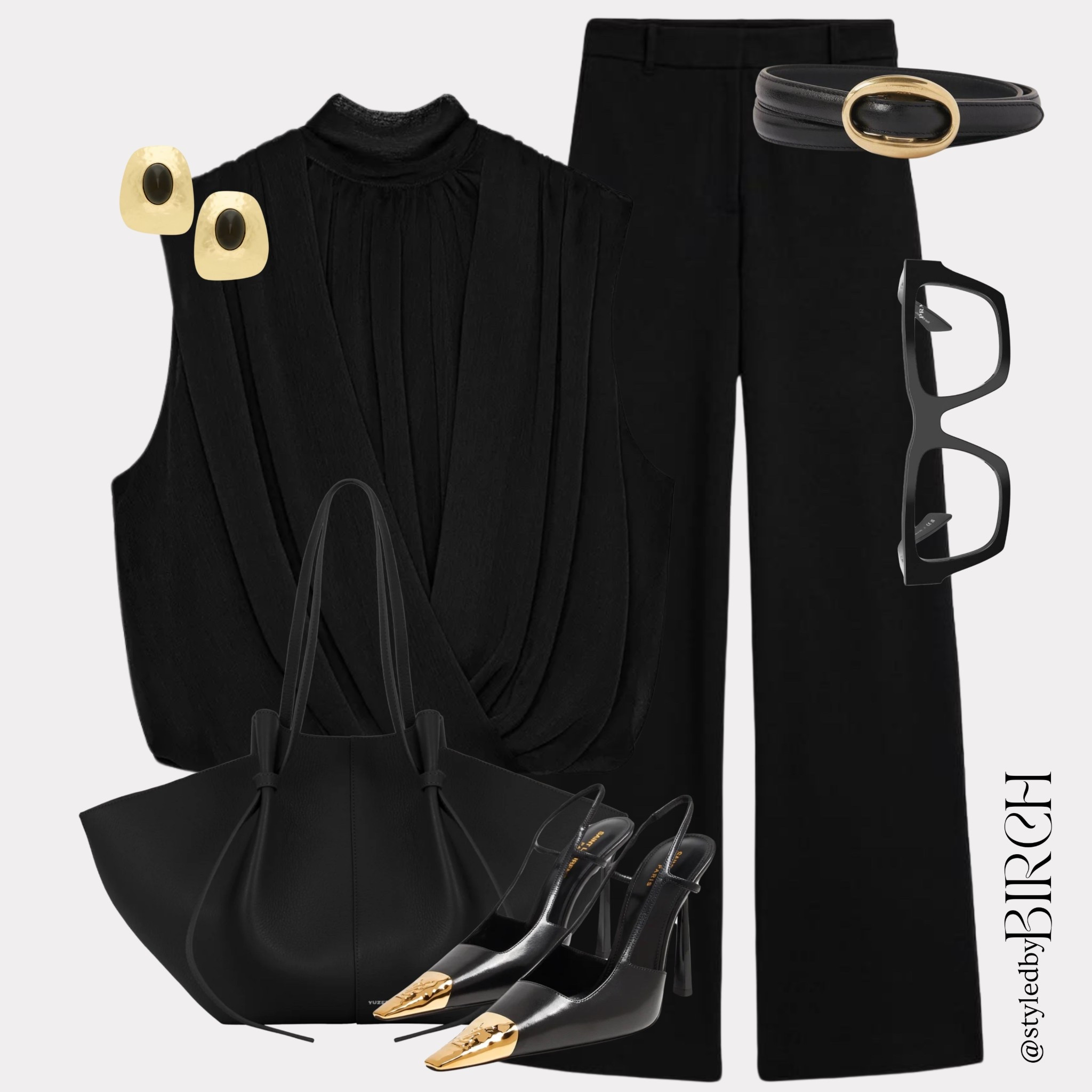 All black everything and I will never get tired of it 🖤

When the outfit is this good you do not need colour. The gold hardware on those heels and the belt are doing just enough to make this feel really special without taking anything away from the all black moment.

#ootd #outfitinspo #allblackoutfit #chicstyle #officestyle

Tags 🏷️
Black draped sleeveless top, black wide leg trousers, black leather tote bag, black gold toe cap slingback heels, black leather gold buckle belt, gold and black square earrings, black square frame glasses

#LTKeurope #LTKworkwear #LTKmodest