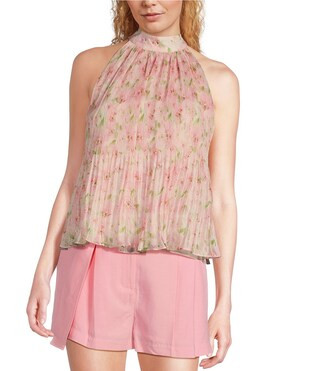 Josette Floral Printed Plisse Mock Neck Sleeveless Swing Top | Dillard's