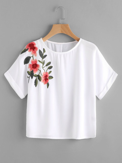 Rolled Cuff Embroidery Crop Tee | SHEIN