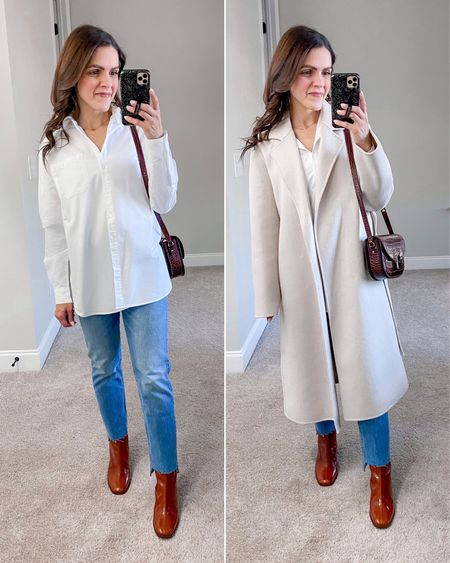 Ways to style a long knit wool coat for Winter | white button up, cigarette crop Jean, patent boot, croc saddle crossbody  

#LTKstyletip