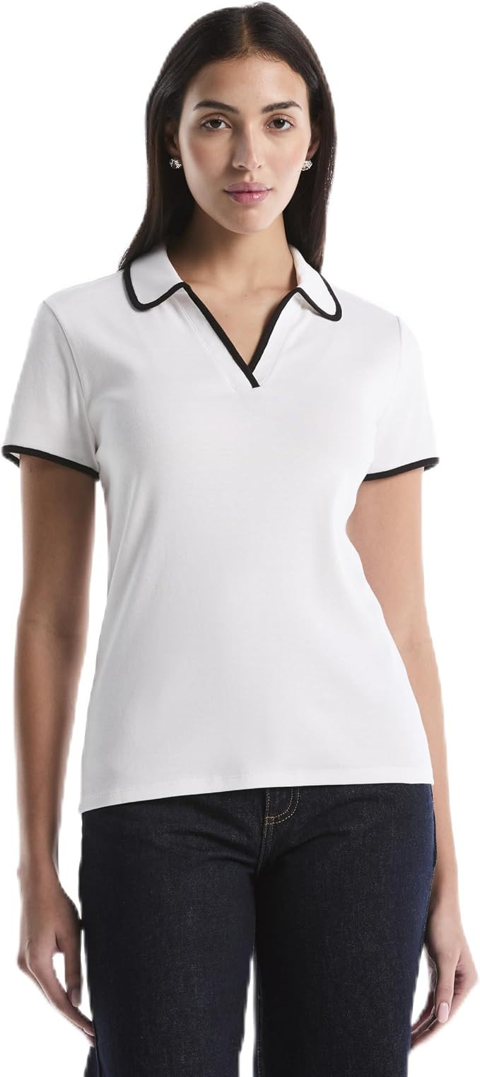 Rafaella Women's Short Sleeve 100% Cotton Rib Knit Polo Shirt with Contrast Trim Johnny Collar | Amazon (US)