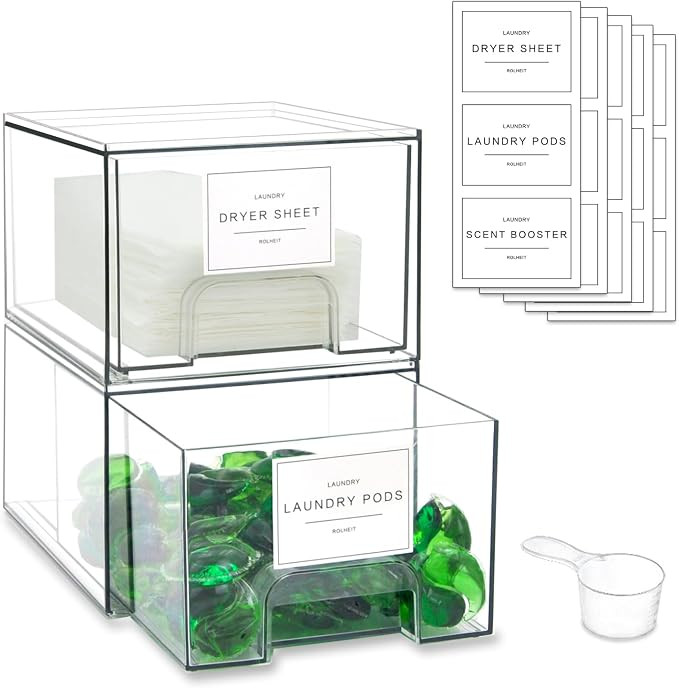 4 Pack Laundry Room Organization Storage Drawers with Labels, Clear Stackable Dryer Sheet Holder ... | Amazon (US)