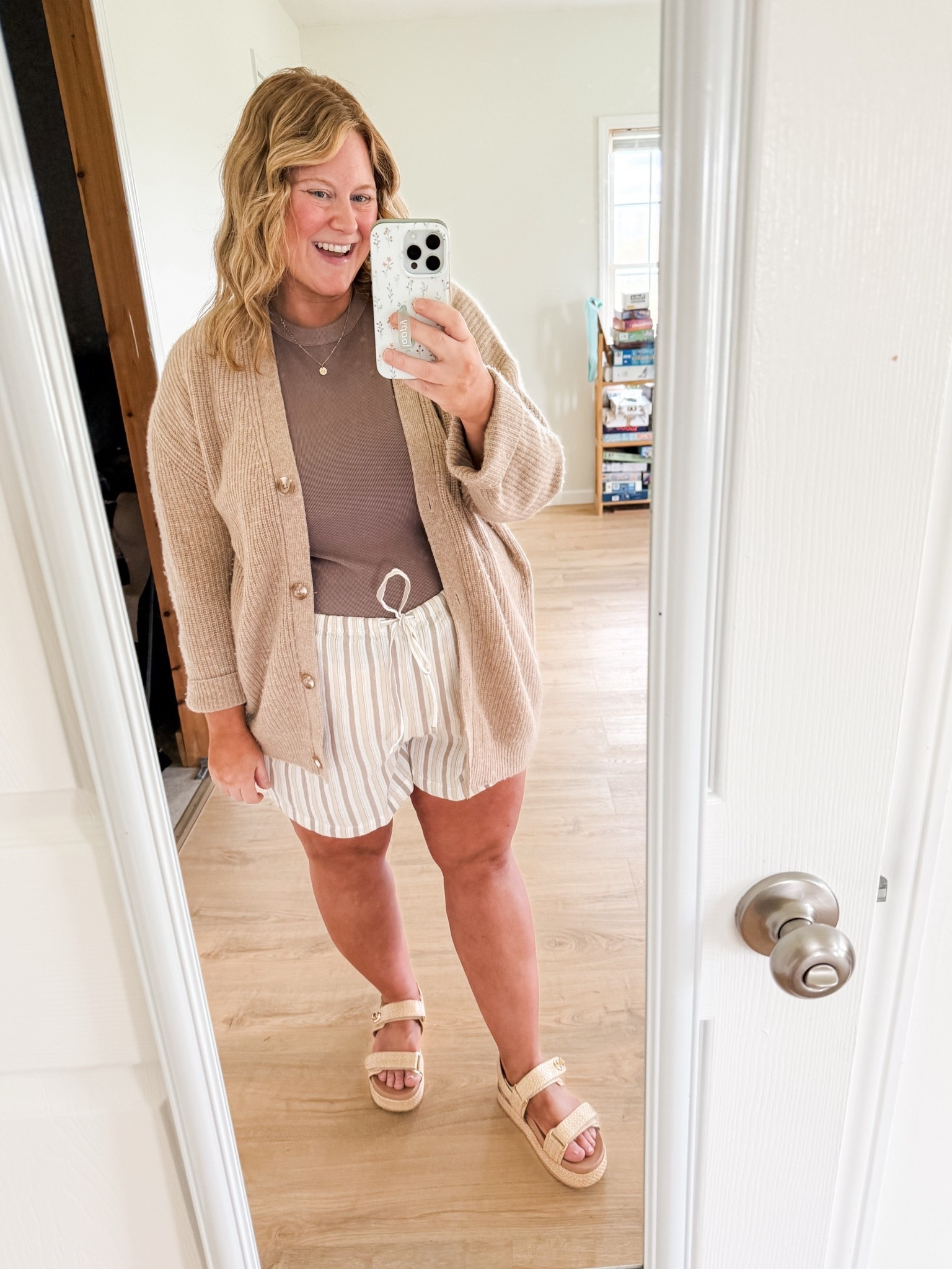 Wearing an XL in my tee and shorts and a large in my cardigan.

#LTKBump #LTKMidsize #LTKSaleAlert