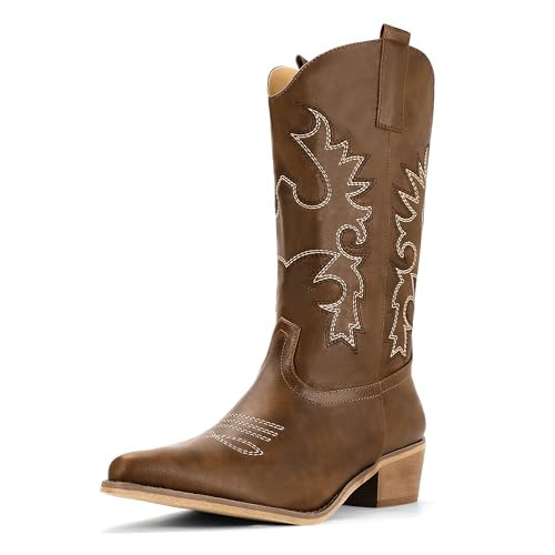 IDIFU Brown Cowboy Boots for Women Cowgirl Western Mid Calf Embroidered Chunky Low Heel Pointed Toe Country Dress Cute Fashion Comfortable Boots Booties(Brown Pu, 6.5) | Amazon (US)