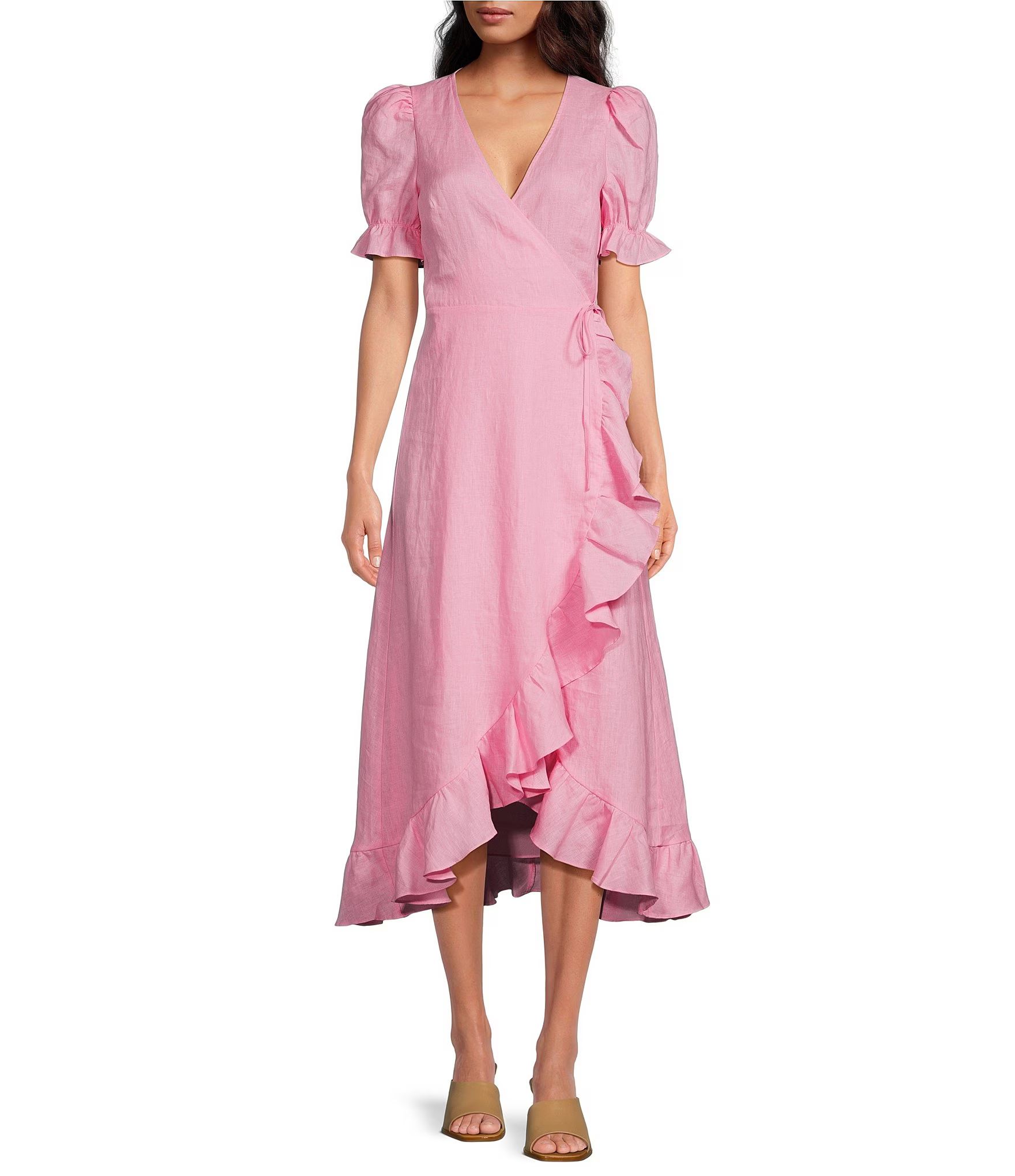A Loves AShort Puffed Sleeve High-Low Ruffled Hem Side Tie Wrap Midi Dress | Dillard's