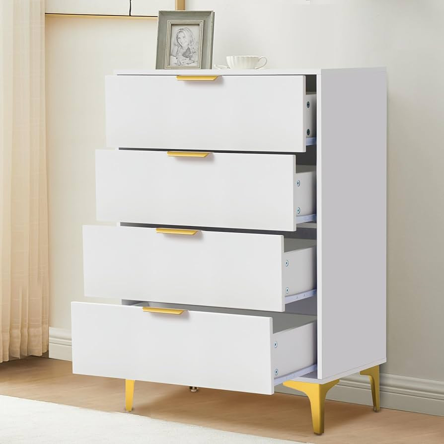 4 Drawer Dressers for Bedroom, Wood Dresser with Golden Handles, Storage Chest Cabinet Organizer ... | Amazon (US)