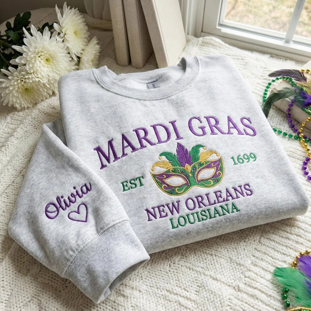 Mardi Gras Embroidered Sweatshirt, Louisiana Carnival, NOLA Crewneck, Fleur De Lis Sweater, Girls... | Etsy (US)