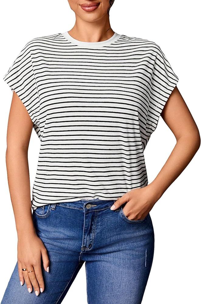 Floerns Women's Casual Stripe Print Cap Sleeve T Shirts Round Neck Tee | Amazon (US)