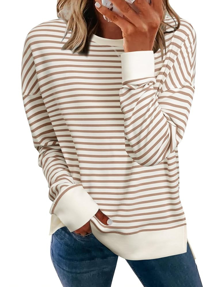 Simplee Womens Sweatshirt Long Sleeve Crewneck Striped Sweatshirt for Women 2024 Trendy Fall Tops... | Amazon (US)