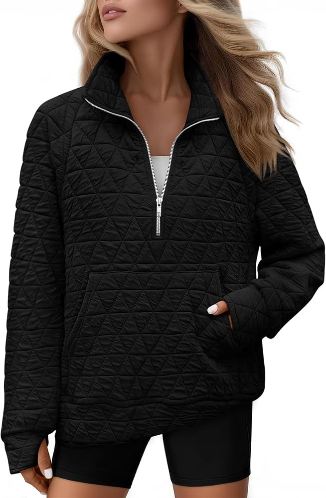 Womens Long Sleeve Quarter Zip Pullover Quilted Sweatshirt Casual Loose V Neck Collared Thumb Hol... | Amazon (US)