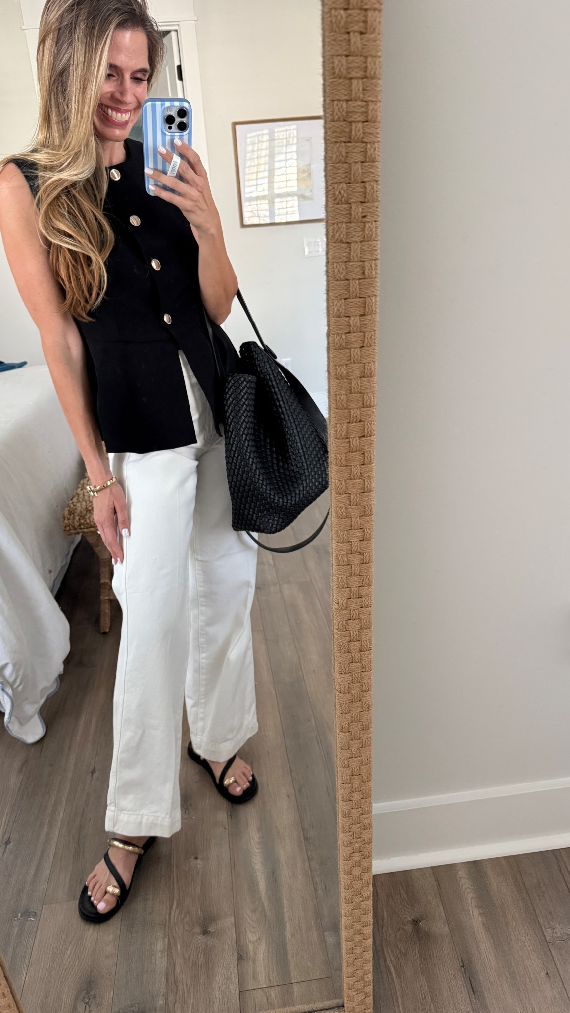 Affordable basics I love! Black peplum vest and white denim on sale . The cutest black tie ring sandals and vegan leather hobo bag. These are the most comfortable sandals!! 

#LTKOver40 #LTKootd #LTKSeasonal