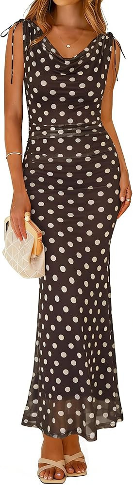 Simplee Vestido largo de verano para mujer, de malla floral, entallado, sexy, sin mangas, fruncid... | Amazon (US)