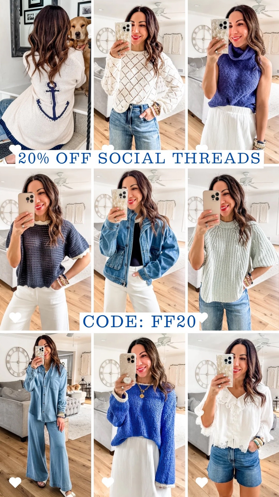 20% off sitewide at Social Threads with code FF20. Wearing 25 risen jeans. Small blue pants. XS button down top. Small in everything else.

#LTKSaleAlert #LTKPetite #LTKOver40