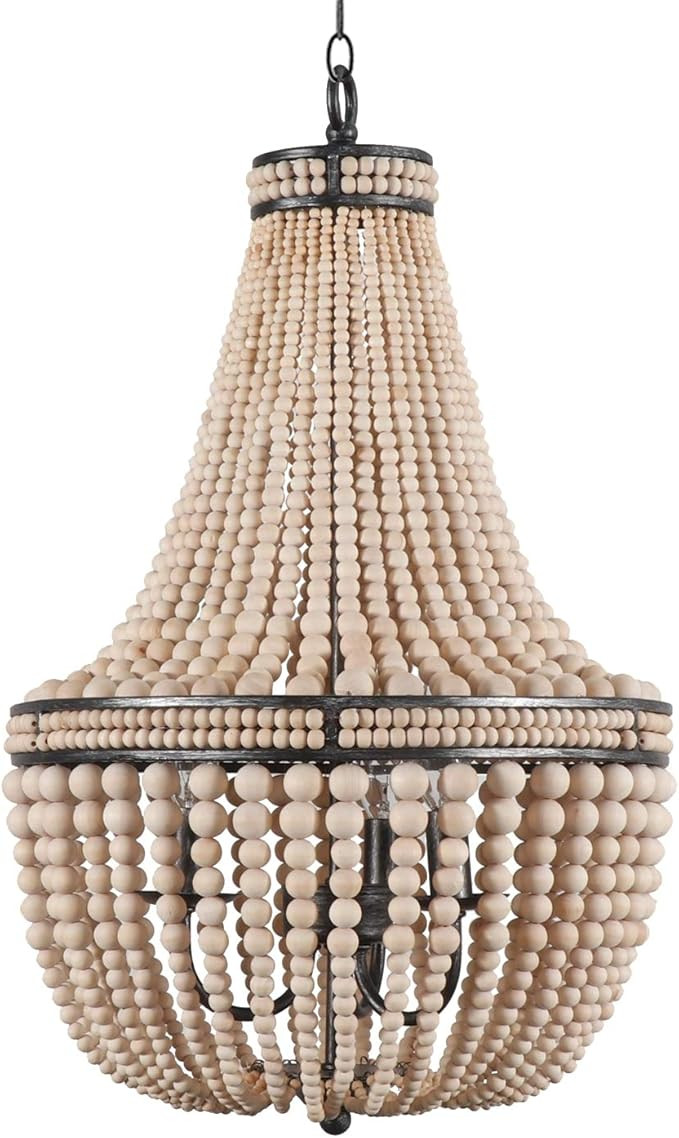 Farmhouse Wood Beaded Chandelier Ceiling Pendant 3-Light Fixture Wooden Bead and Metal Chandelier... | Amazon (US)
