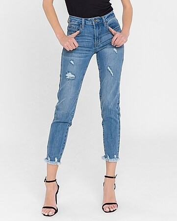 English Factory Mid Rise Raw Hem Skinny Jeans | Express