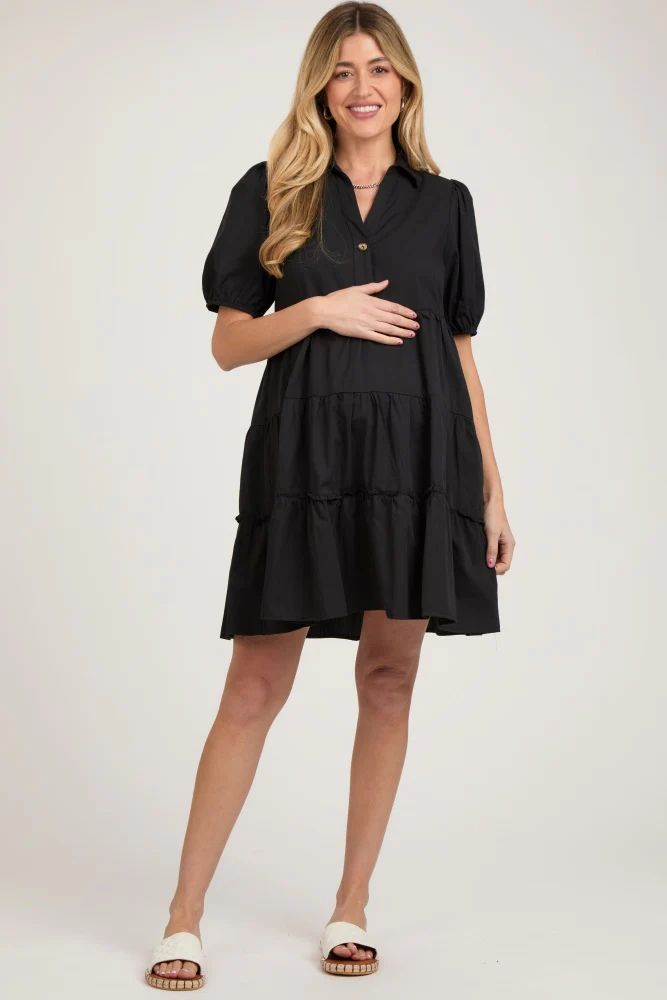 Black Collared Tiered Maternity Dress | PinkBlush Maternity